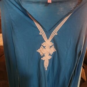 Blue V-Neck Embroidered Women's Top Lily pultizer